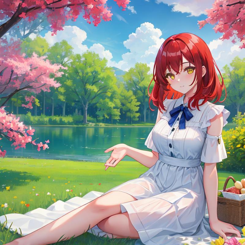 00133-2299588986-1Girl, mature, American, redhead, medium hair, yellow eyes, sitting on a picnic blanket near a lake, elegant summer dress, happy.png